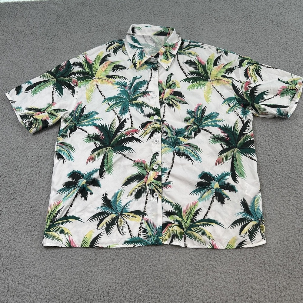 Shein‎ Shirt Mens Large White Palm Tree Hawaiian Button Up Tropical Beach Casual